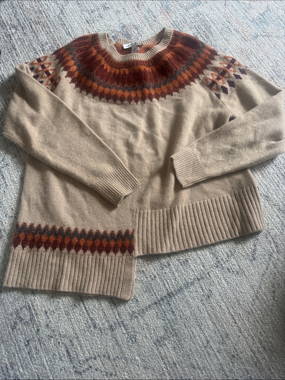 Autumn Cashmere Beige Fair Isle Crewneck Sweater with Rust Yoke asymmetrical hem